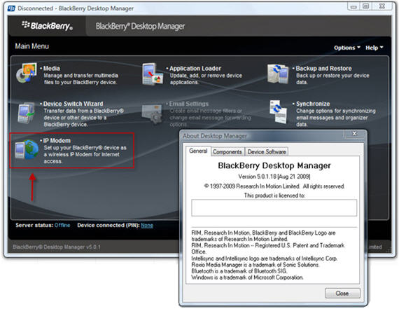 BlackBerry Deskotp Manager 5.0.1.16 With IP Modem